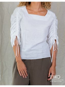 EKKO - White Linen Blend Relaxed Fit Ruched Sleeve Top