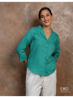 EKKO - Green Linen Relaxed Fit Three Quater Sleeve Collar Detail Top