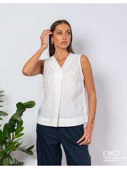 EKKO - White Linen Blend Relaxed Fit Pleat Detail Top