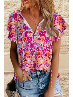 Errabelly - Fiery Pink Flutter Sleeves Floral Print Top