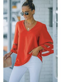 Errabelly - Fiery Rust Flare Sleeve V Neck Loose Top