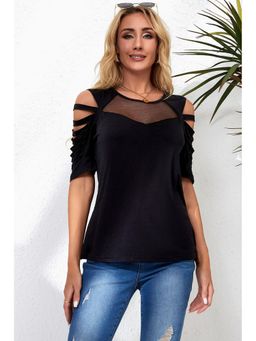 Errabelly - Black Fishnet Splicing Strappy Cutout Shoulder Sleeve Top