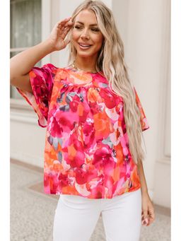 Errabelly - Fiery Red Floral Print Wide Sleeve Top