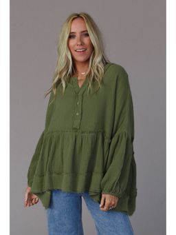 Errabelly - Green Henley Button Drop Shoulder Loose Sleeve Raw Edge Top