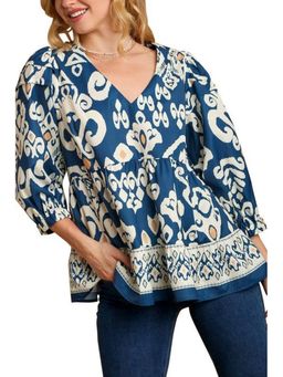 Errabelly - Blue Tribal Geometric Print Three Fourth Sleeve Flowy Fit Top