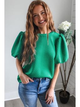 Errabelly - Sea Green Solid Textured Puff Sleeve Top