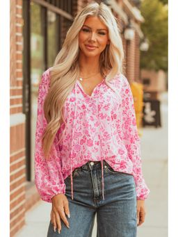 Errabelly - Pink Floral Puff Sleeve Split Neck Lightweight Blouse