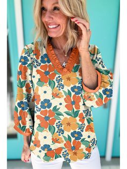 Errabelly - Multicolor Frilled V Neck Floral Print Bracelet Sleeve Blouse