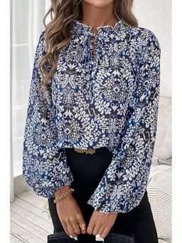 Errabelly - Blue Tribal Print Lace-Up Frilled Neck Puff Sleeve Blouse