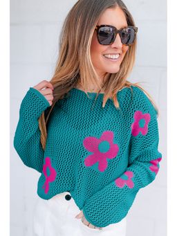 Errabelly - Sea Green Big Flower Hollowed Knit Drop Shoulder Top