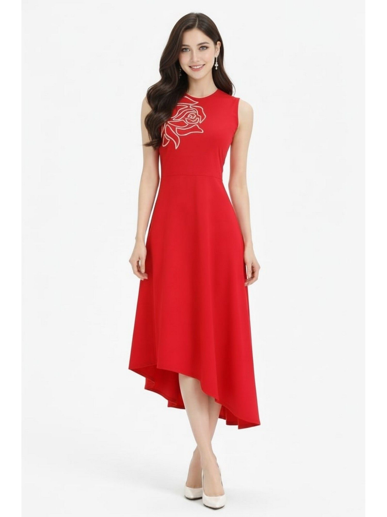 aarein Red Embroidered Asymmetric Dress-picture-30
