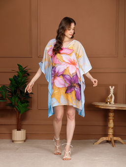 Aditi Wasan - Blue Cotton V-Neck Mini Kaftan Dress