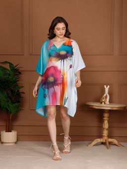 Aditi Wasan - Teal Blue Cotton V-Neck Mini Kaftan Dress