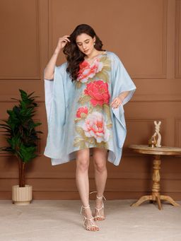 Aditi Wasan - Aqua V-Neck Mini Kaftan Dress