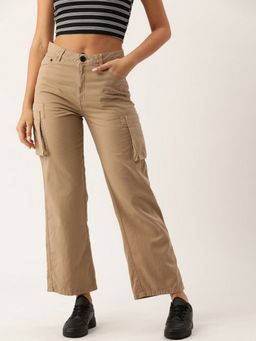 Bene Kleed - Women Beige Solid Straight Fit Pure Cotton Cargos