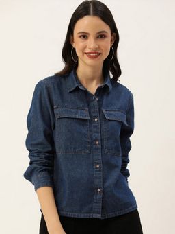 Bene Kleed - Navy Blue Women Denim Big Pockets And Contrast Stitch Shirt
