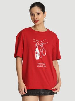Bene Kleed - Women Oversized Red Floral Graphic Printed T-Shirt