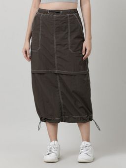 Bene Kleed - Brown Women Parachute Fit contrast Stitch Midi Skirt
