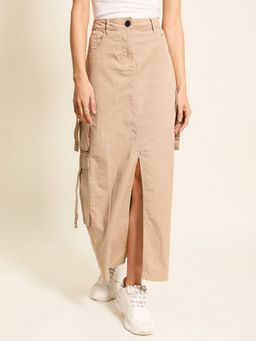 Bene Kleed - Beige Women Pure Cotton A Line Cargo Maxi Skirt