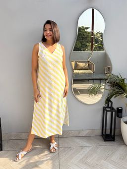 Label Tanvee - Yellow Lemon Stripe Cotton-Linen Dress