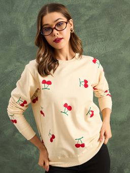 Uptownie - Women Beige Cotton Printed Sweatshirt