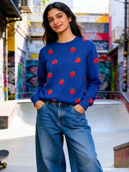 Uptownie - Women Navy Blue Cotton Printed Sweatshirt