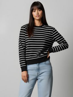 Uptownie - Women Black Cotton Stripes Sweatshirt