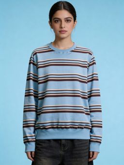 Uptownie - Women Blue Cotton Stripes Sweatshirt