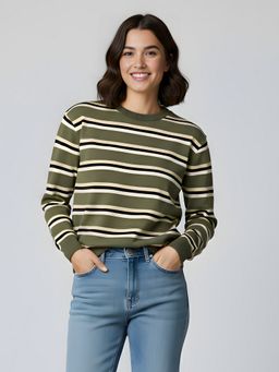 Uptownie - Women Green Cotton Stripes Sweatshirt