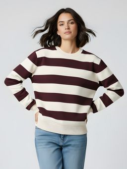 Uptownie - Women Brown Cotton Stripes Sweatshirt