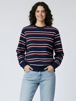 Uptownie - Women Navy Blue Cotton Stripes Sweatshirt