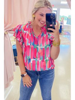 Errabelly - Pink Abstract Brush Print Ruffled Sleeve Frill V Neck Top