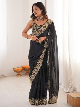 Sareemall - Women's Satin Black Solid Saree With Unstitched Blouse
