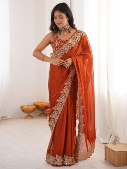 Sareemall - Women's Satin Rust Solid Saree With Unstitched Blouse