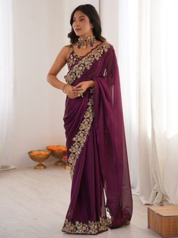 Sareemall - Women's Satin Wine Embellished Saree With Unstitched Blouse