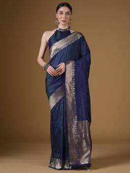 Sareemall - Women's Soft Silk Navy Blue Woven Design Saree With Unstitched Blouse