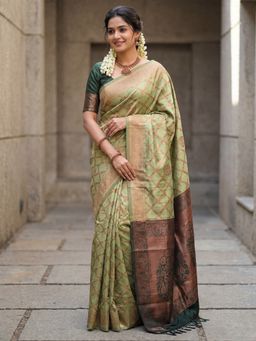 Sareemall - Women's Banarasi Silk Olive Woven Design Saree With Unstitched Blouse