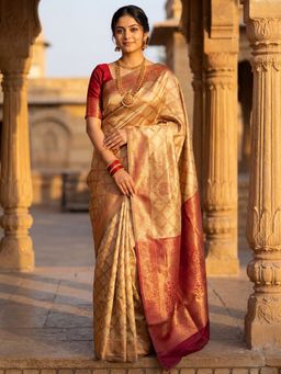 Sareemall - Women's Banarasi Silk Cream Woven Design Saree With Unstitched Blouse