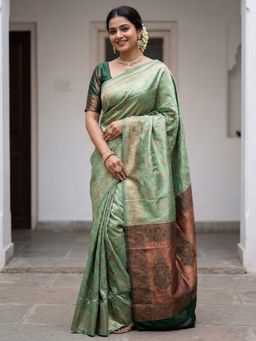 Sareemall - Women's Banarasi Silk Light Green Woven Design Saree With Unstitched Blouse