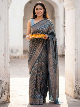 Sareemall - Women's Banarasi Silk Light Blue Woven Design Saree With Unstitched Blouse