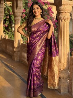 Sareemall - Women's Banarasi Silk Purple Woven Design Saree With Unstitched Blouse