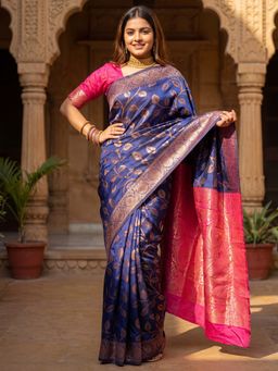Sareemall - Women's Banarasi Silk Navy Blue Woven Design Saree With Unstitched Blouse