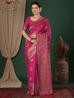 Sareemall - Women's Litchi Silk Pink Woven Design Saree With Unstitched Blouse