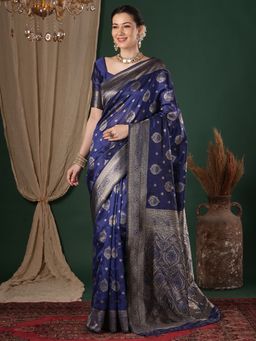 Sareemall - Women's Litchi Silk Navy Blue Woven Design Saree With Unstitched Blouse