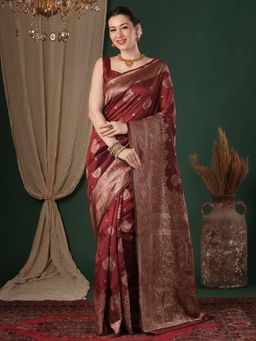 Sareemall - Women's Litchi Silk Maroon Woven Design Saree With Unstitched Blouse