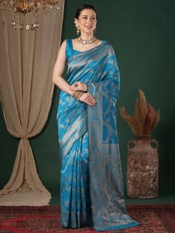 Sareemall - Women's Litchi Silk Light Blue Woven Design Saree With Unstitched Blouse