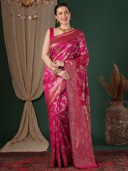 Sareemall - Women's Litchi Silk Pink Woven Design Saree With Unstitched Blouse