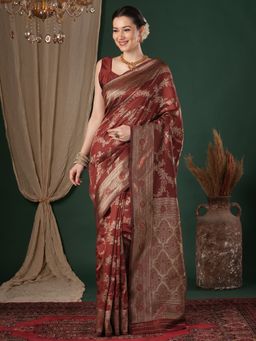 Sareemall - Women's Litchi Silk Maroon Woven Design Saree With Unstitched Blouse