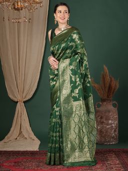 Sareemall - Women's Litchi Silk Green Woven Design Saree With Unstitched Blouse