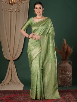Sareemall - Women's Litchi Silk Light Green Woven Design Saree With Unstitched Blouse